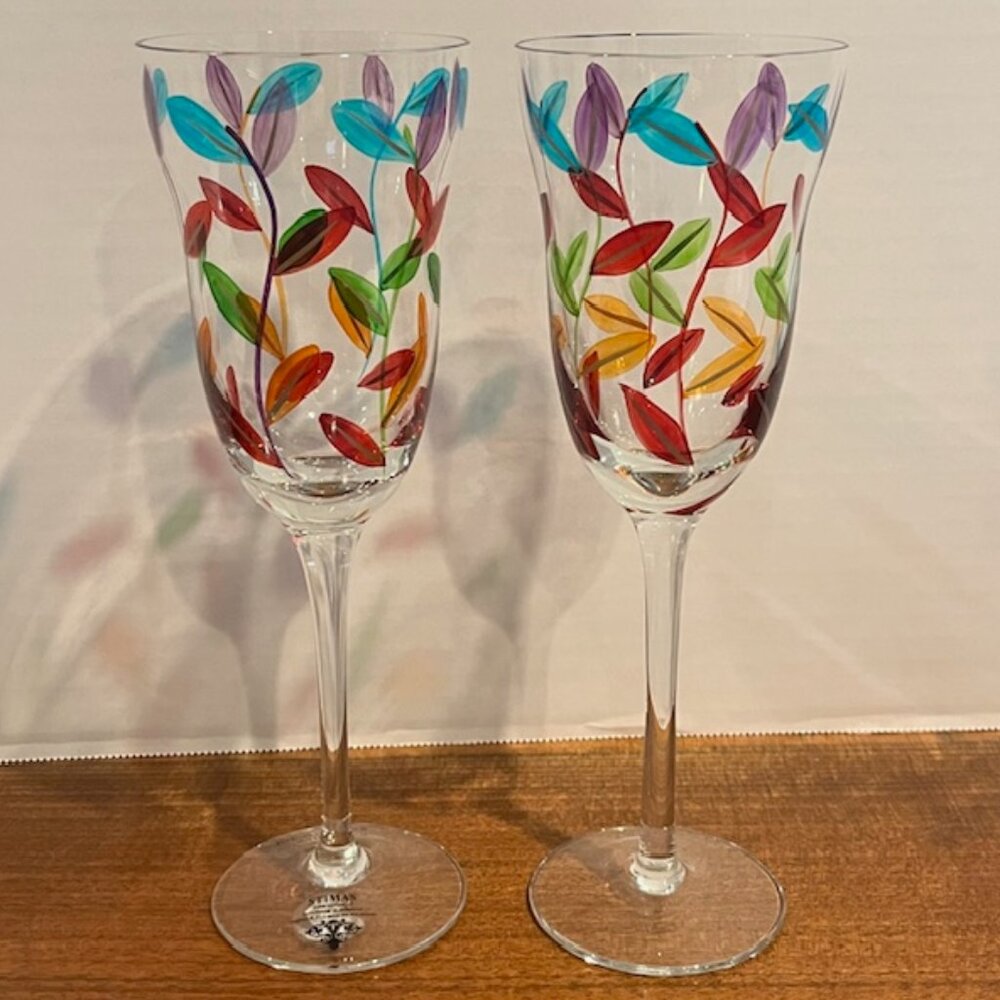(2) Stimas Romania Colorful Leaf Wine Glasses